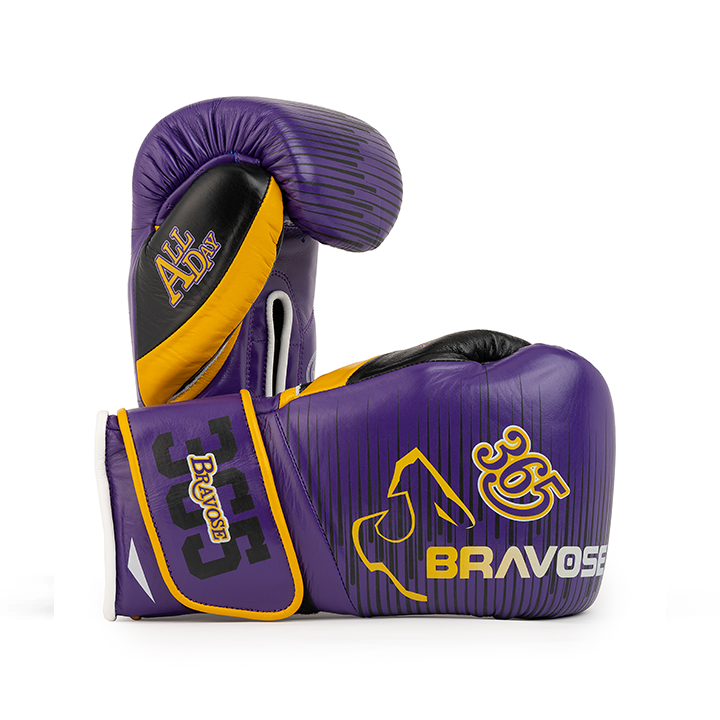 Bravose Limited Edition 16oz Velcro Boxing Gloves – “ALL DAY, EVERY DAY” Purple & Yellow